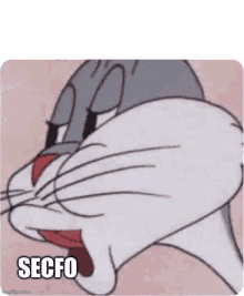 bugs bunny is making a funny face with his mouth open and the words secfo written on it .