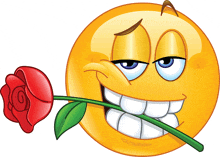 a cartoon smiley face is holding a red rose in its mouth