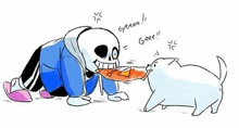 a cartoon of a skeleton eating a piece of pizza next to a white cat .