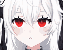 a close up of a anime girl with red eyes