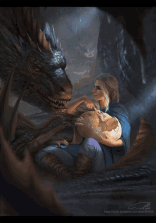 a painting of a woman holding a baby dragon with the website https://www.artstation.com visible