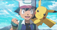 a cartoon character named ash is holding a yellow pikachu on his shoulder .