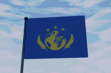 a blue flag with gold stars and a globe in the middle