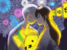 a drawing of a man and a woman holding a lantern with fireworks behind them