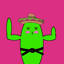 a green cactus with a sombrero and a black belt