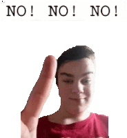 a young man in a red shirt is giving a thumbs up sign