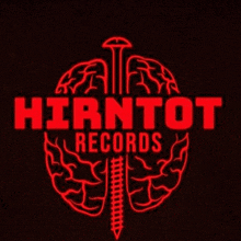 a red logo for hirntot records with a brain and screw