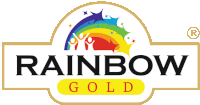 a logo for rainbow gold with a rainbow and stars