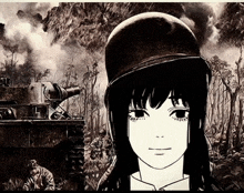 a black and white drawing of a girl wearing a helmet with soldiers in the background