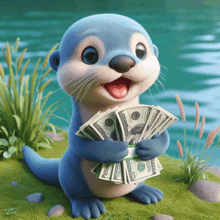 a cartoon otter is holding a bunch of money in its paws