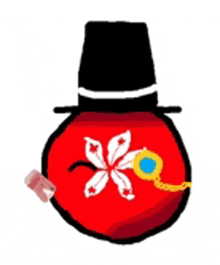 a red ball with a flower on it and a top hat on it .