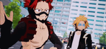 a couple of anime characters standing next to each other on a city street