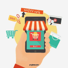 a hand is holding a smart phone with the word shopping on the screen