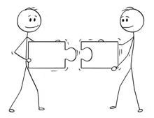 a black and white cartoon of two stick figures carrying puzzle pieces .