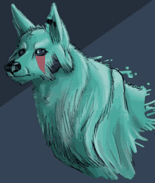 a drawing of a blue and white wolf with blue eyes