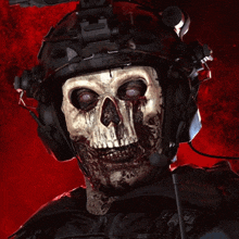 a soldier with a skull on his face wearing headphones and a helmet