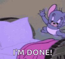 a cartoon mouse is jumping out of a bed .