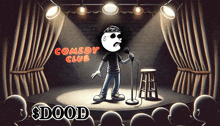 a cartoon of a man holding a microphone on a stage with a sign that says comedy club