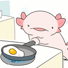 a cartoon of an axolotl cooking eggs on a stove