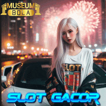 a woman wearing a white shirt that says slot gacor stands in front of a white car