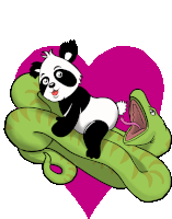 a panda bear is laying on top of a green snake in front of a pink heart