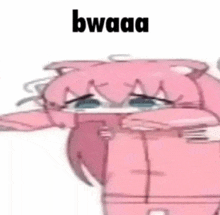 a pink cartoon character is crying with the words bwaaa written on the bottom .