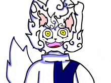 a drawing of a white cat with a blue vest