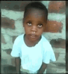 a little boy in a white shirt is standing in front of a brick wall and looking at the camera .