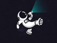 a cartoon astronaut is flying through space holding a flashlight .