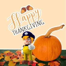 a happy thanksgiving greeting card with a pumpkin and a cartoon character