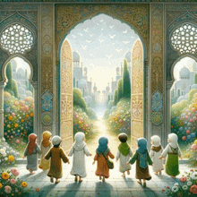 a painting of a group of children walking through a gate