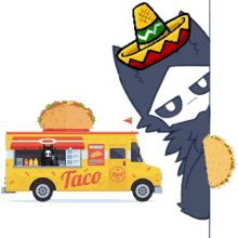 a cartoon of a taco truck with a cat behind it