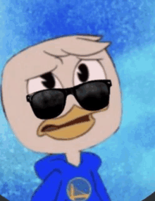 a cartoon duck wearing sunglasses and a blue hoodie with a golden state warriors logo