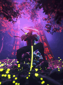 a samurai holding a sword in front of a pile of skulls in a forest