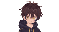 a drawing of a boy with brown hair and yellow eyes wearing a black hoodie