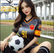 a woman in a number 91 jersey is holding a soccer ball