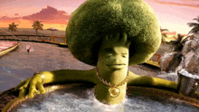 a cartoon character with a broccoli head is in a bathtub