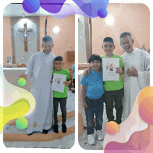 a man in a white robe is standing next to two young boys holding a certificate