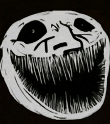 a black and white drawing of a troll face with a big mouth