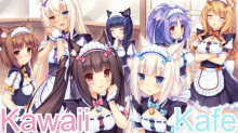 a group of anime maids standing next to each other with the words kawaii kafe written on the bottom