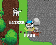 a pixel art of a dog and a sheep with the numbers 11836 and 7739