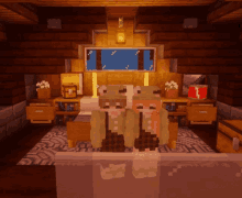 two minecraft characters are standing next to each other in a bedroom