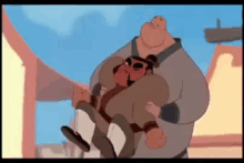 a man is holding another man in his arms in a cartoon .