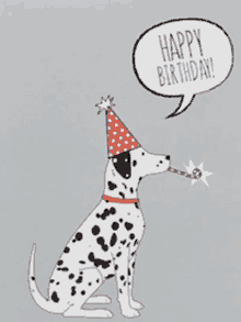 a dalmatian wearing a party hat and a speech bubble that says happy birthday