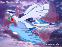 a valentine 's day card with two birds and the words happy valentines day lugia