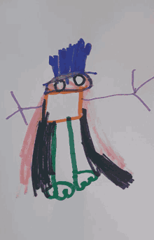 a child 's drawing of a cartoon character with glasses and a blue hat