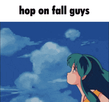 a picture of a girl with the words hop on fall guys below her