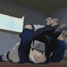 sasuke uchiha from naruto is laying on the floor with a sword in his hand .