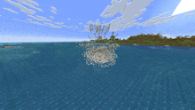 a computer generated image of a large body of water with a small island in the background