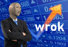 a bald man in a suit and tie is standing in front of a stock chart with an arrow pointing up .